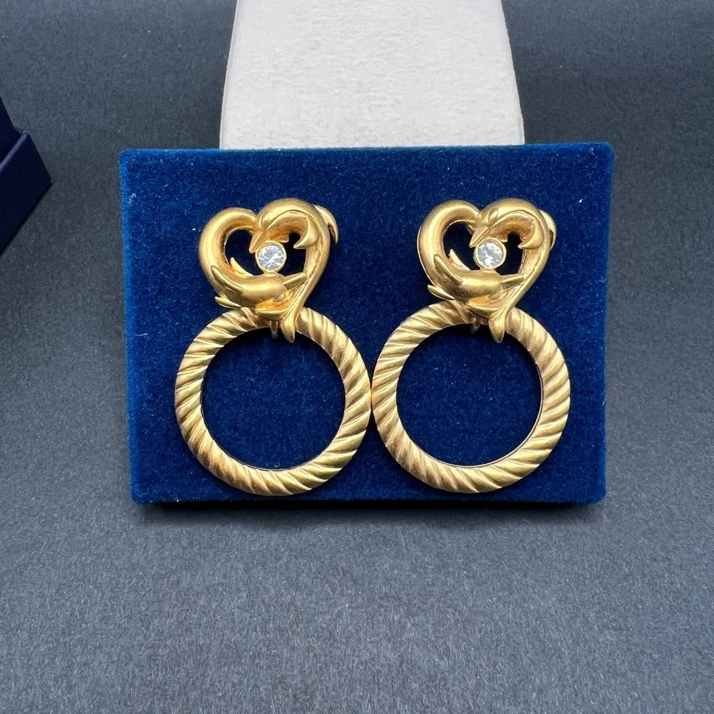 Vintage Door Knocker Earrings Gold Dolphin Heart Crystal Luminess Princess House